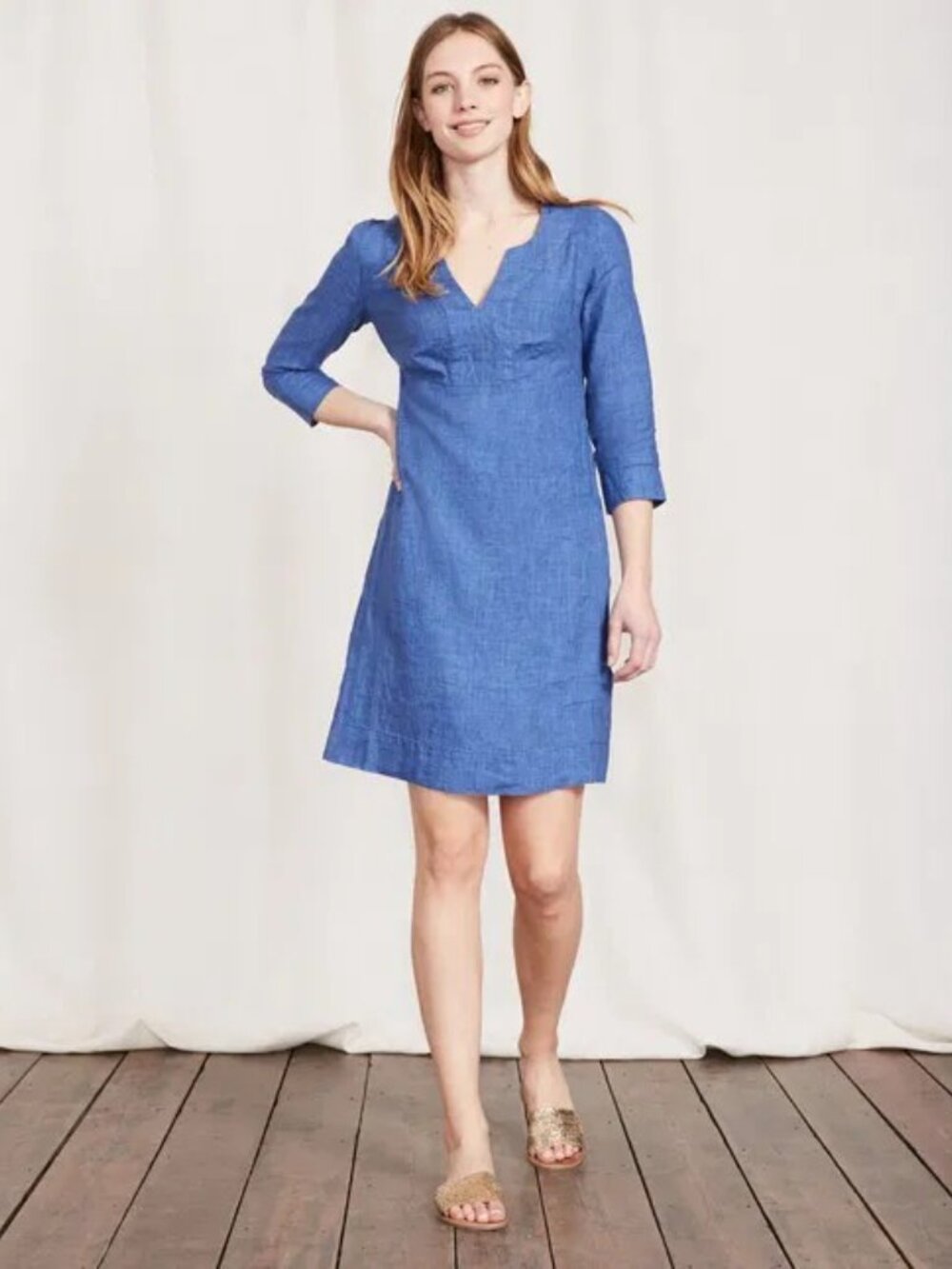 Boden Blue Fitted Tunic Dress 3/4 Sleeve 100% Linen Size 2 Petite Classic
